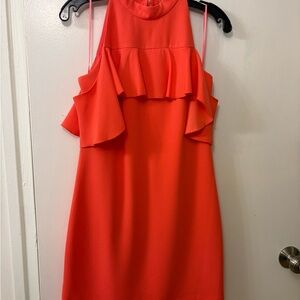 Trina Turk Coral-Red Ruffle Halter Mini Dress